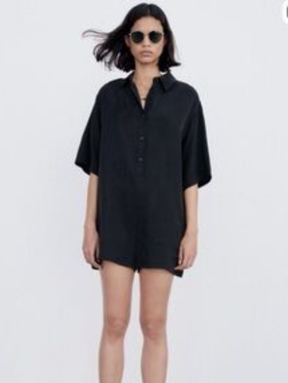 Zara Button Down Jumpsuit Black Collared Shorts With Short Sleeves Size Small